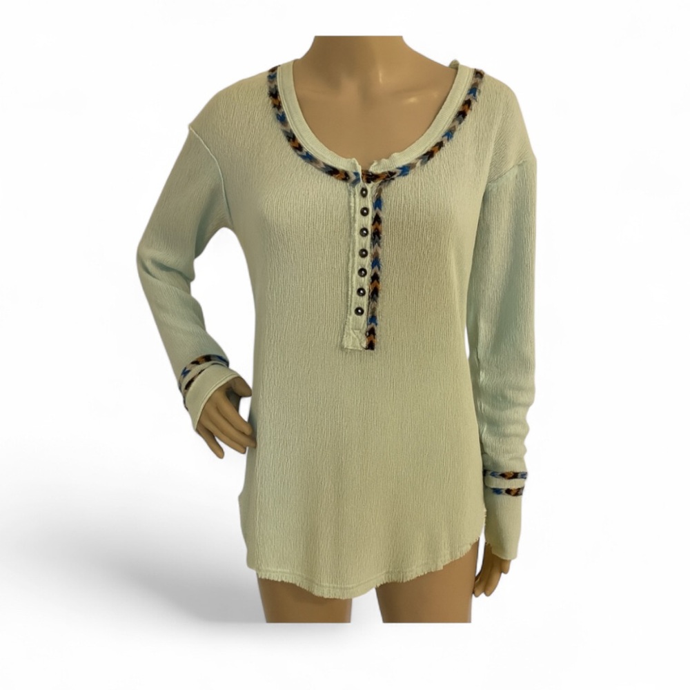 Free People Thermal Rainbow Stitched Henley Top Mint‎ Green